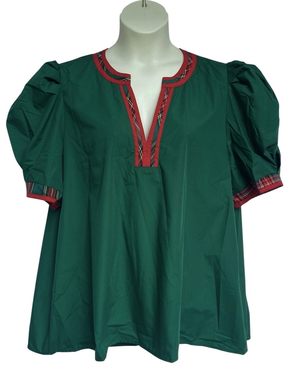 NWT Entro Blouse Top Green Red Plaid Puff Short Sleeve Split Neck Plus Size 2X